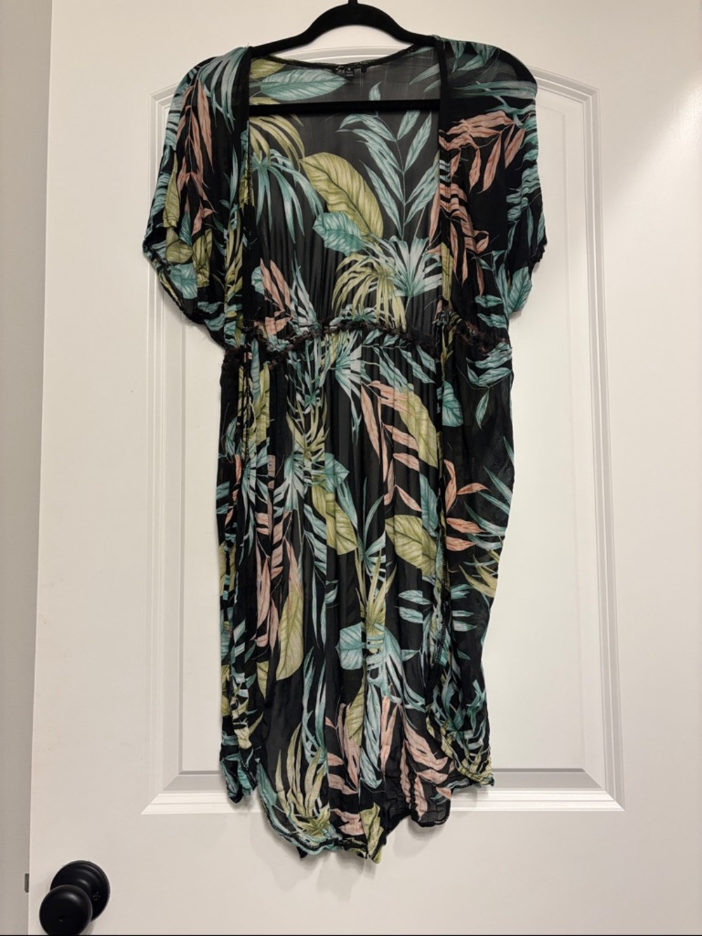 Tropical Leaf Black Sheer Kimono Cover-Up